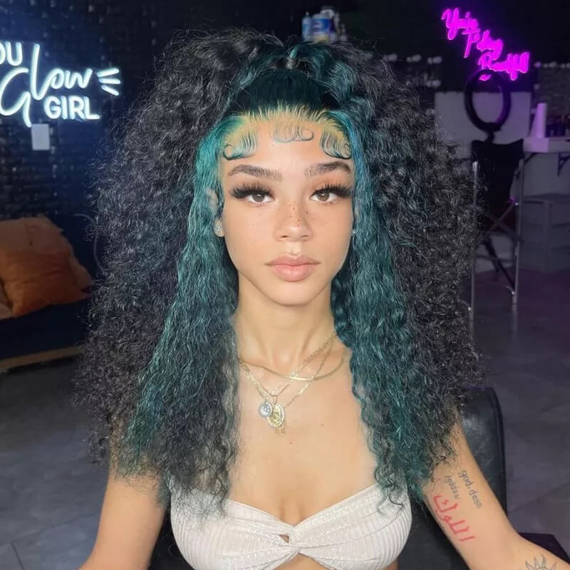 eullair Curly Wig with Green Highlights Transparent Lace Frontal Human Hair Wigs For Black Women
