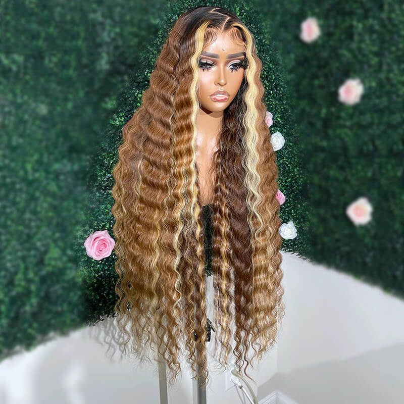 eullair Brown with Blonde Highlight Loose Deep Wave Wig Skunk Stripe Human Hair Lace Frontal Wig