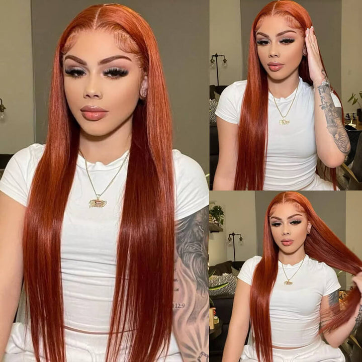 Pretty ! eullair Dark Ginger Straight Glueless Lace Frontal Human Hair Wig | Auburn Hair Color