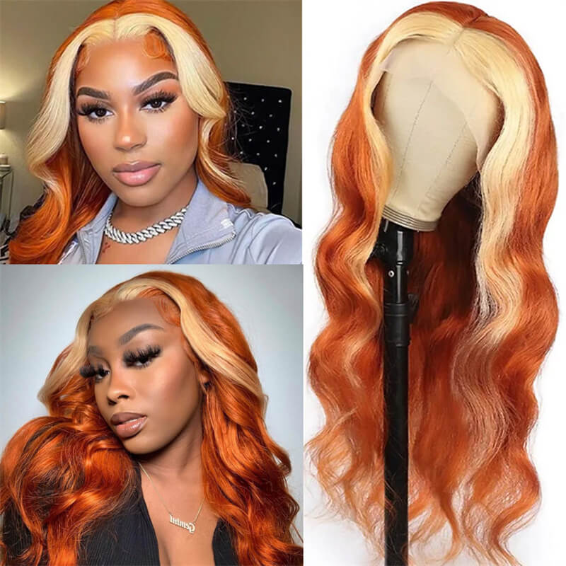 eullair Ginger Lace Front Wigs with Blonde Highlights Body Wave Human Hair Wigs