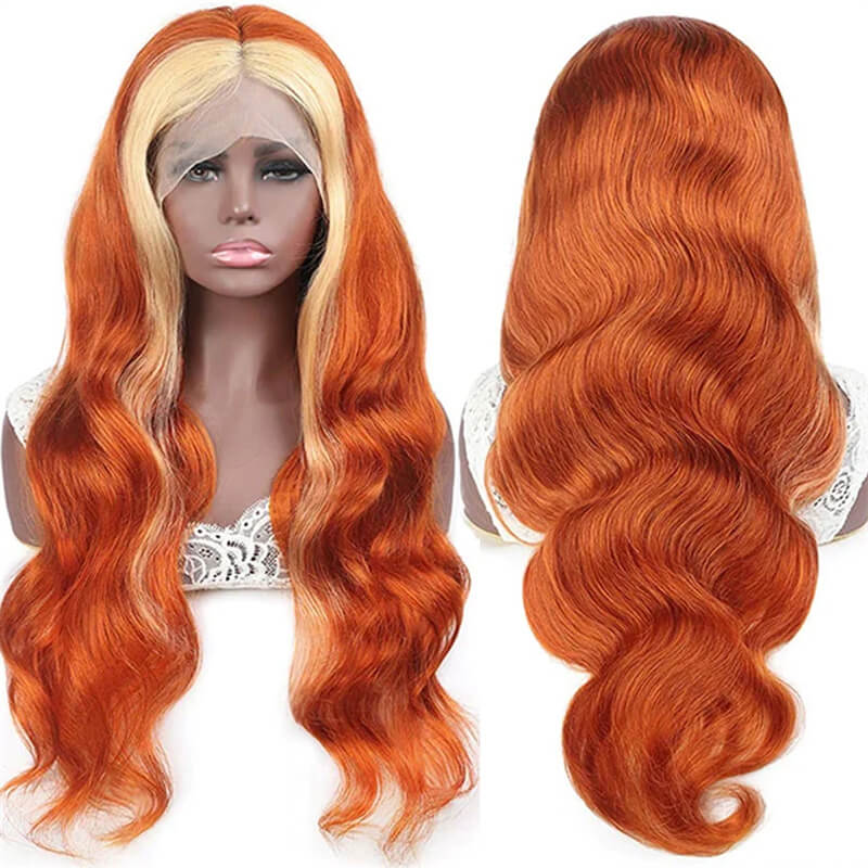 eullair Ginger Lace Front Wigs with Blonde Highlights Body Wave Human Hair Wigs