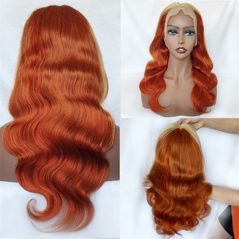 eullair Ginger Lace Front Wigs with Blonde Highlights Body Wave Human Hair Wigs