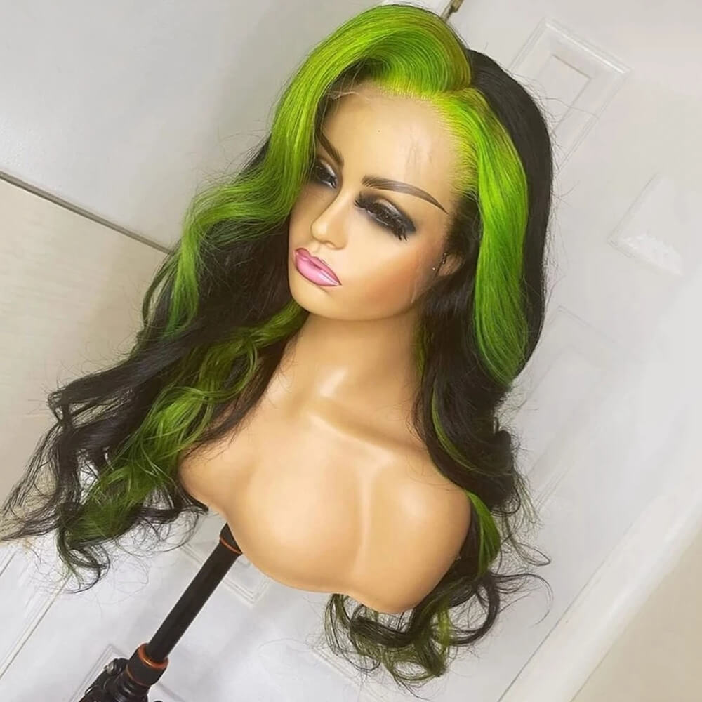 Inner Green Orange Color ! eullair Highlight Body Wave Lace Frontal Human Hair Wig