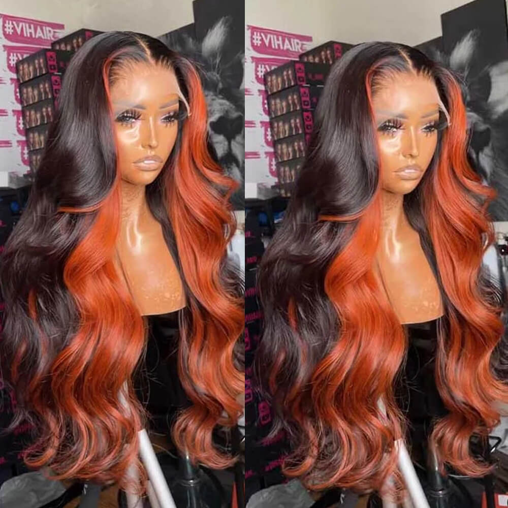 Inner Green Orange Color ! eullair Highlight Body Wave Lace Frontal Human Hair Wig
