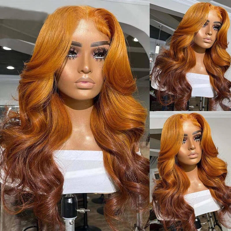 eullair Golden Brown Ginger Body Wave Lace Front Wig Ombre Blonde Human Hair Wigs for Women