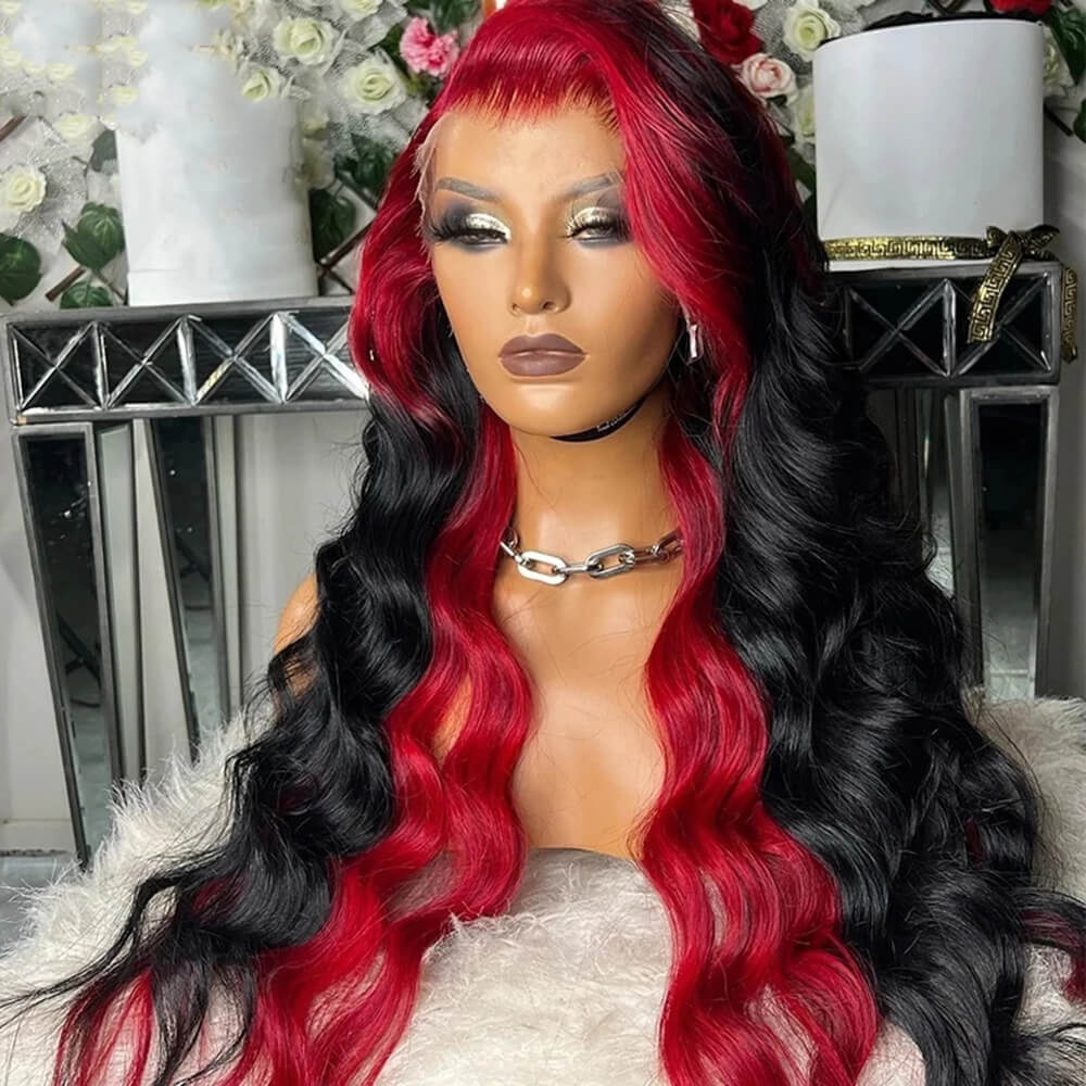 Inner Red Color! eullair Red Roots Body Wave/Straight Lace Frontal Human Hair Wig