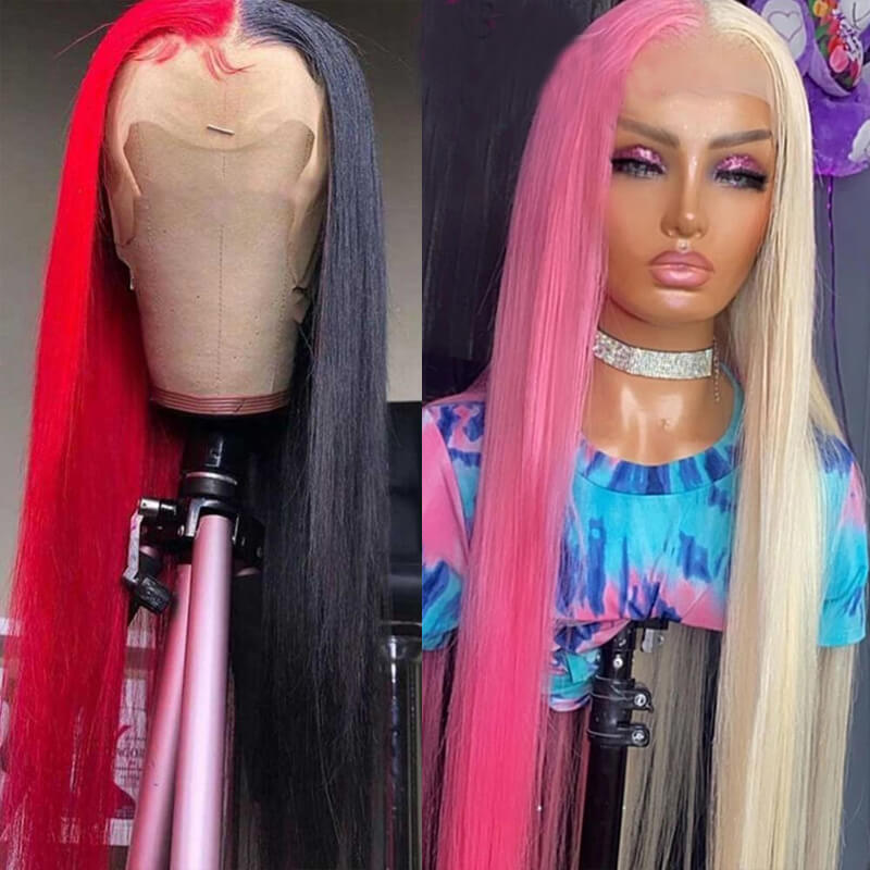 Split Hair Color | eullair Half Pink Half Blonde Lace Frontal Human Hair Wig | Two Tone Wig