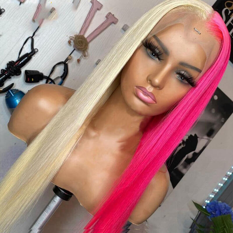 Split Hair Color | eullair Half Pink Half Blonde Lace Frontal Human Hair Wig | Two Tone Wig