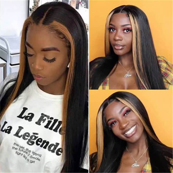 OMG! Blonde Streak Lace Wig | eullair Bomb Straight Frontal Wig With #27 Highlights-Human Hair Wigs-eullair-eullair- Human Virgin Hair