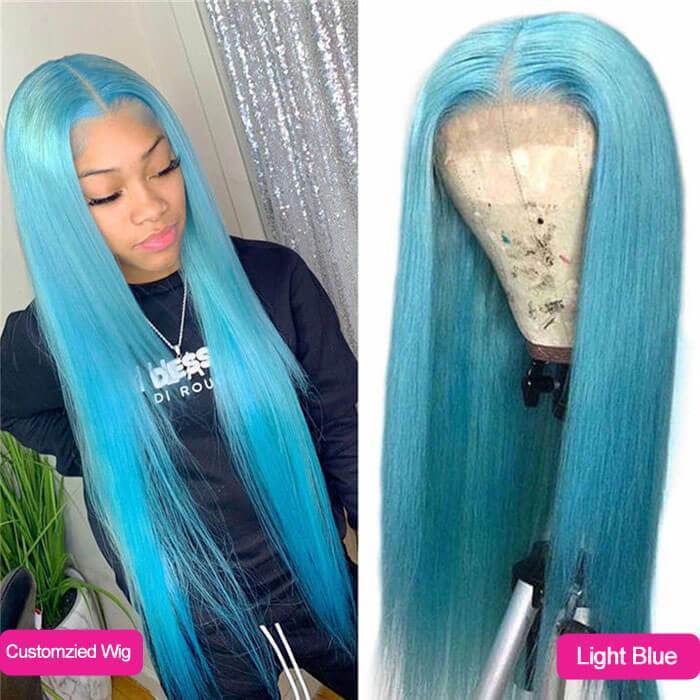 Rainbow Color! eullair Customized Colored Lace Front Human Hair Wig | Party Wigs-Human Hair Wigs-eullair-18inch-Light Blue-13x4 Wig 150 Density-eullair- Human Virgin Hair