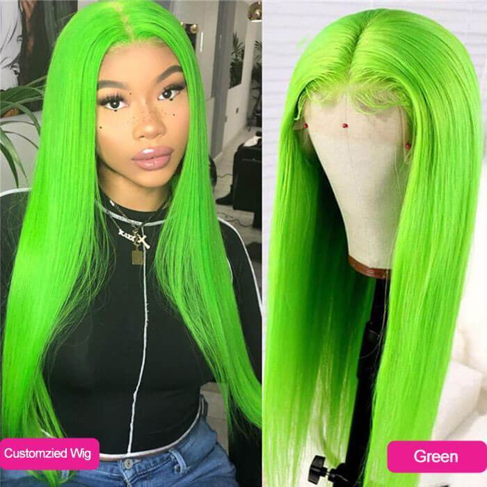Rainbow Color! eullair Customized Colored Lace Front Human Hair Wig | Party Wigs-Human Hair Wigs-eullair-18inch-Green-13x4 Wig 150 Density-eullair- Human Virgin Hair
