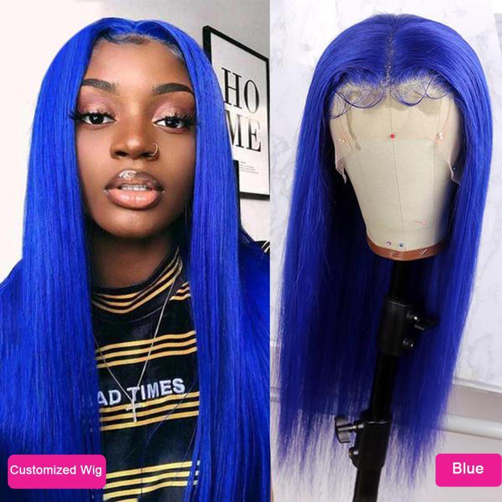 Rainbow Color! eullair Customized Colored Lace Front Human Hair Wig | Party Wigs-Human Hair Wigs-eullair-18inch-Blue-13x4 Wig 150 Density-eullair- Human Virgin Hair