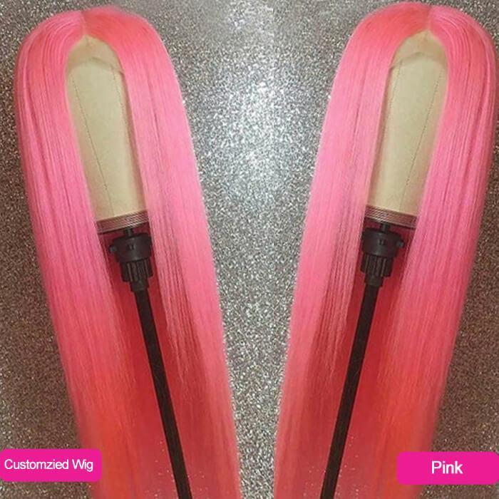 Rainbow Color! eullair Customized Colored Lace Front Human Hair Wig | Party Wigs-Human Hair Wigs-eullair-18inch-Pink-13x4 Wig 150 Density-eullair- Human Virgin Hair