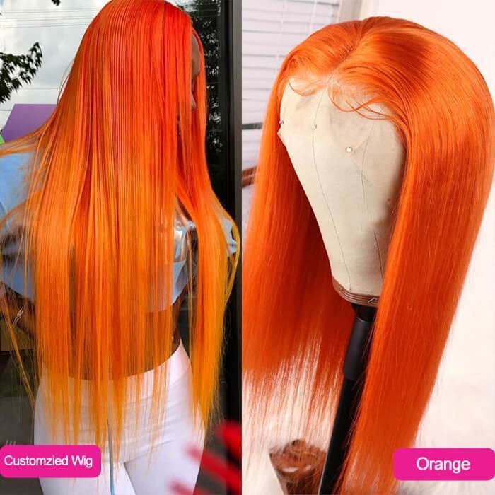 Rainbow Color! eullair Customized Colored Lace Front Human Hair Wig | Party Wigs-Human Hair Wigs-eullair-18inch-Orange-13x4 Wig 150 Density-eullair- Human Virgin Hair